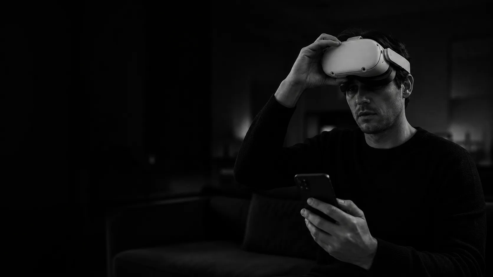 A VR user lifting the headset to look down at a phone