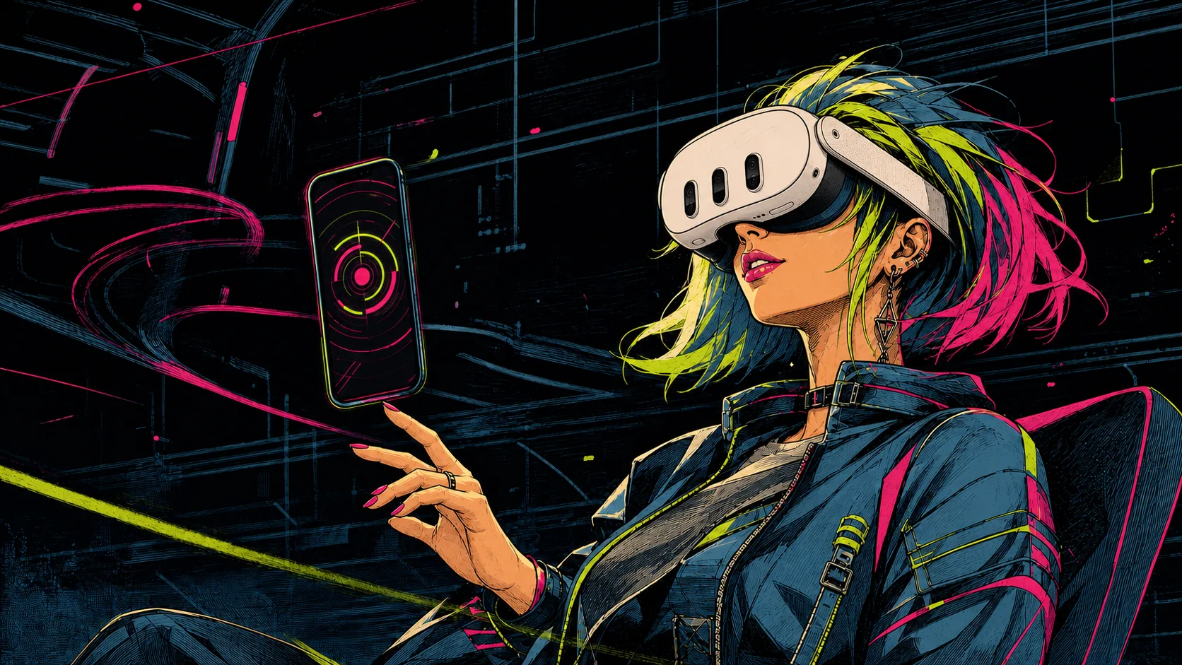 A VR user viewing a floating phone screen inside a dark spatial environment