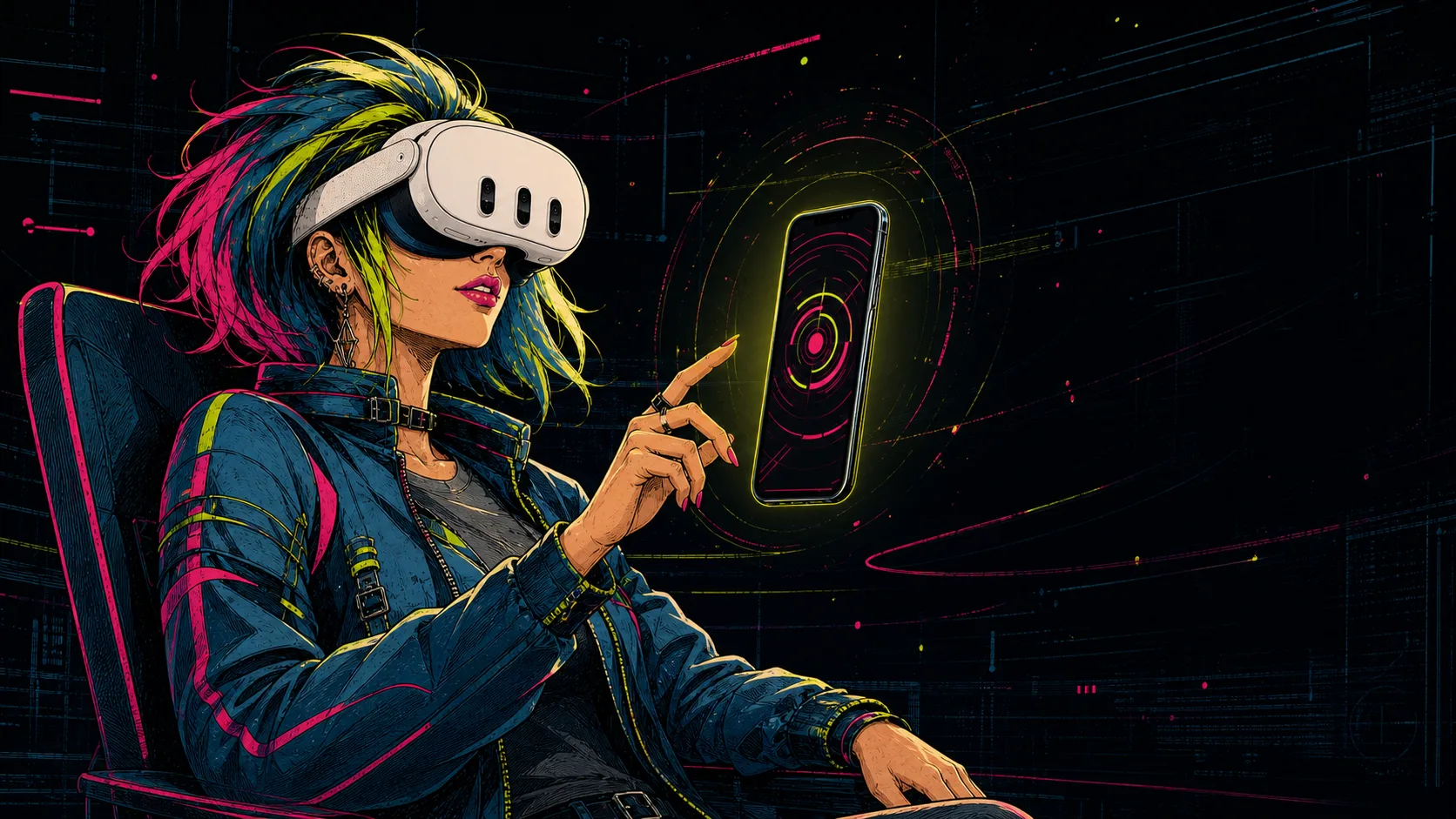 A relaxed VR user viewing a floating phone window
