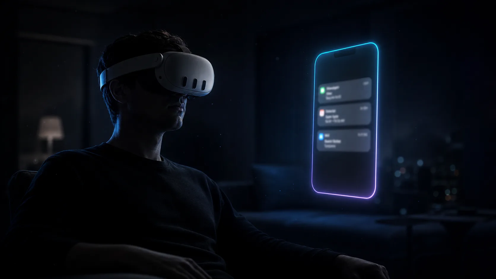 A relaxed VR user viewing a floating phone window